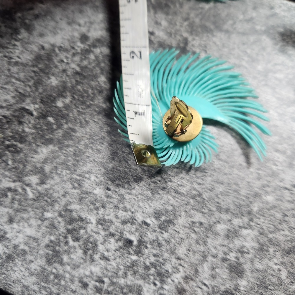 Vintage Turquoise Blue Swirl Rhinestone Statement Clip On Earrings Mid Century - Picture 8 of 11